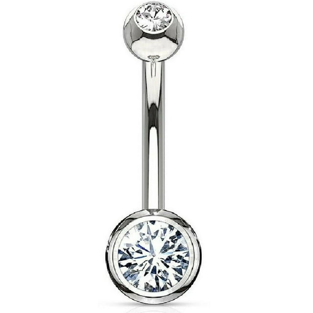 Double Gemmed 14 Karat Solid Gold Belly Button Ring 14ga