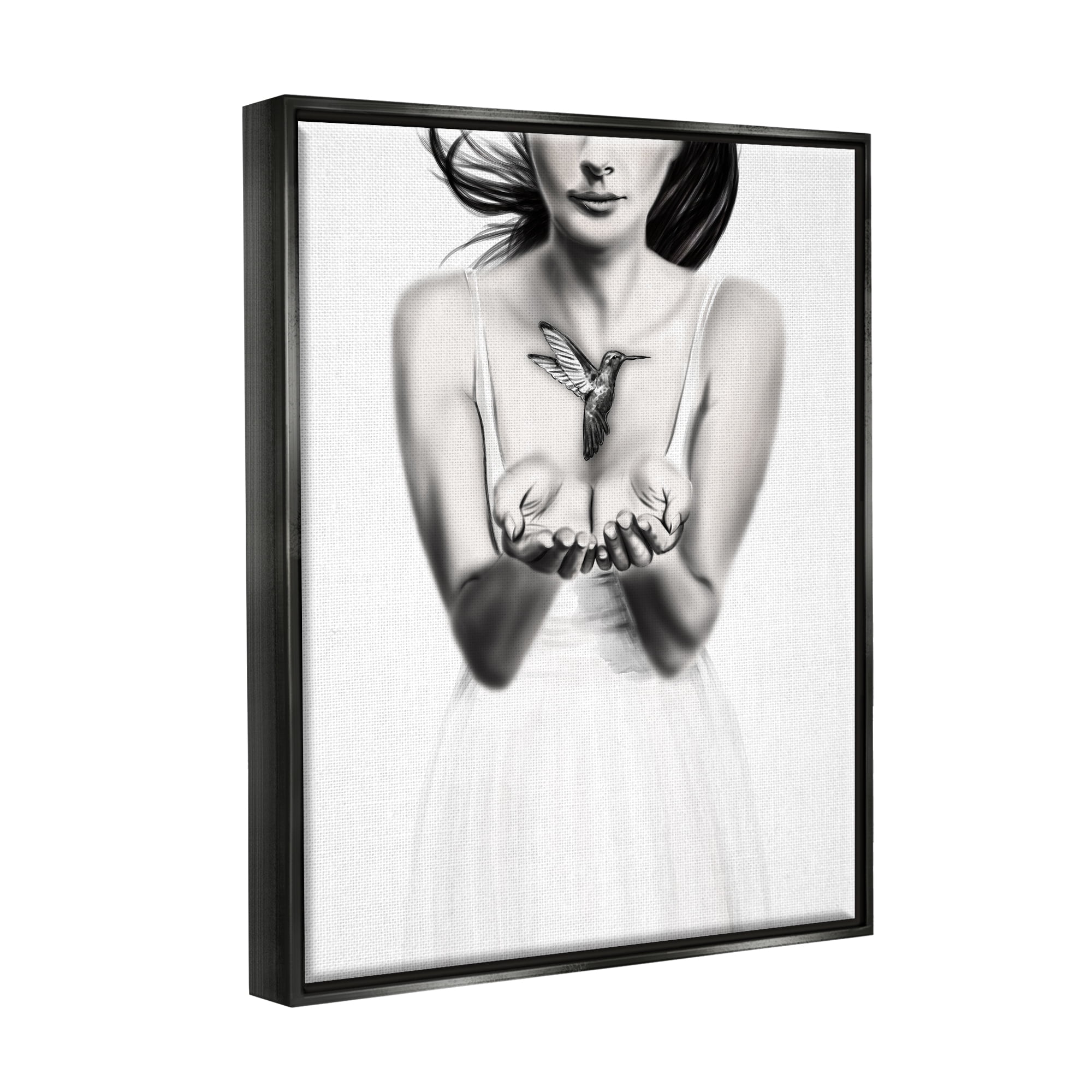 Stupell Industries Girl with Hummingbird Animals & Insects Painting Black Floater Framed Art Print Wall Art, 25 x 31