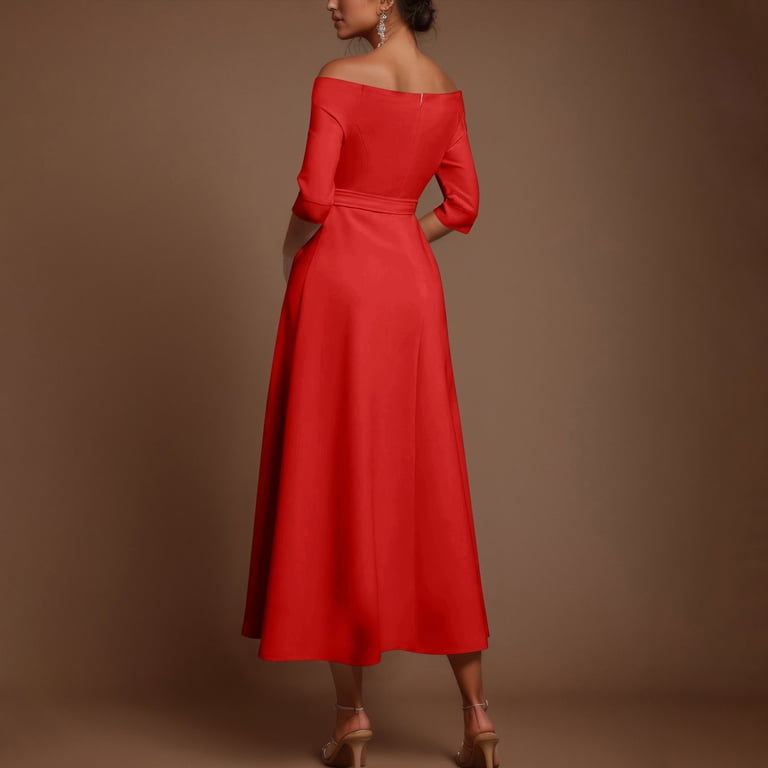 Off the Shoulder Cocktail Dress for Women Elegant 3/4 Sleeve Belted Waist  Wedding Guest Formal Business Evening Party Long Dresses L - Walmart.com
