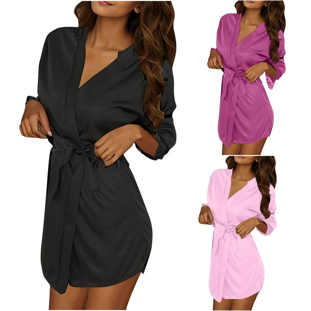 Wensltd 3PC Women Bathrobe Stylish Solid Color Lace Trim Robe Relaxed Fit Sleepwear All Season Home Wear