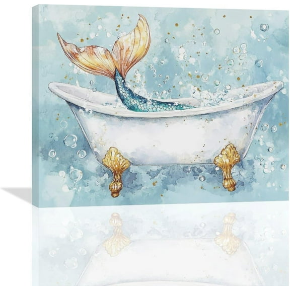 VELVET Bathroom Mermaid Wall Art Mermaid Tail Wall Decor Blue Bathtub Pictures Canvas Print Painting Artwork for Bathroom Toilet Restroom Home Decoration 10x8inch Framed
