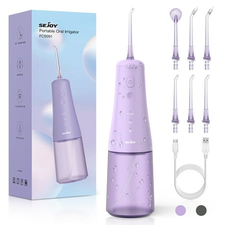 Sejoy Cordless Oral Irrigator, Professional Dental Water Flosser with 300mL Tank, USB Rechargeable Teeth Cleaner for Home and Travel for Oral Care, Purple