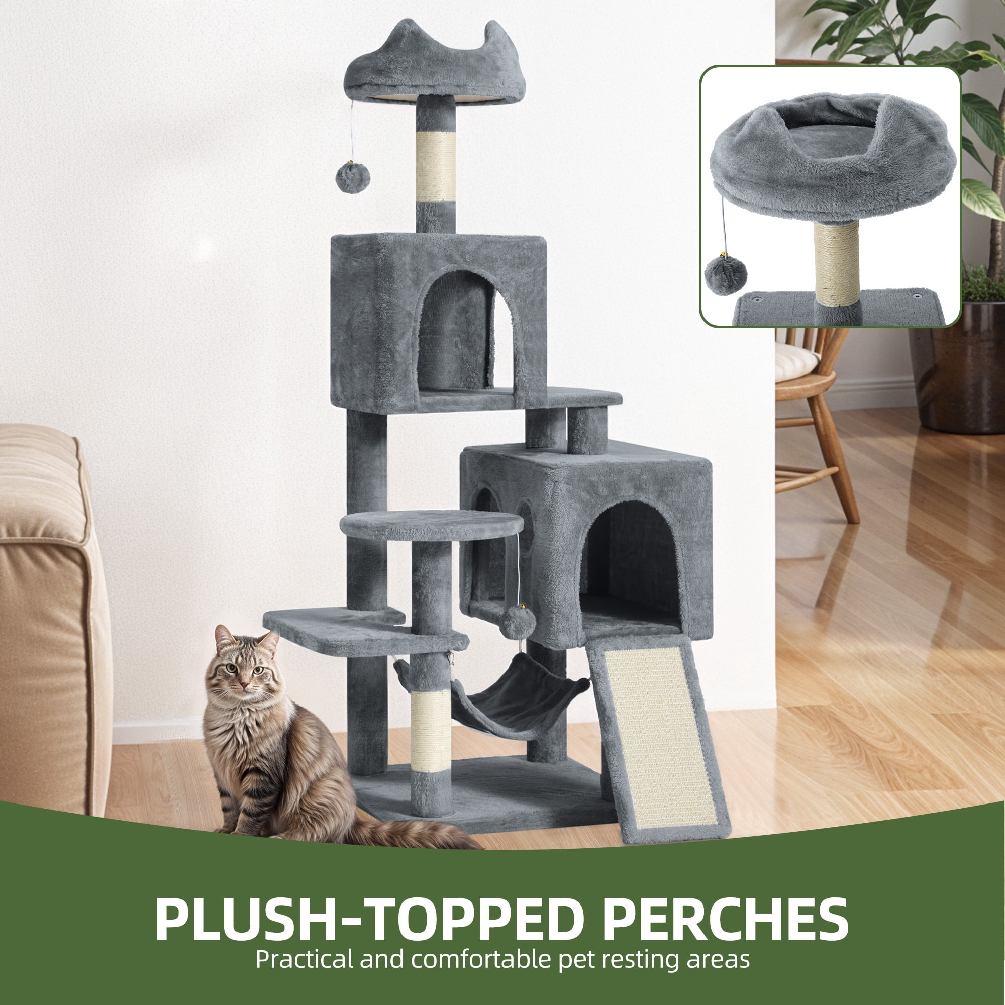 Uforic 54" Cat TreeTower with Sisal Scratching Post Tower Hammock Perch for Indoor Cats, Dark Gray
