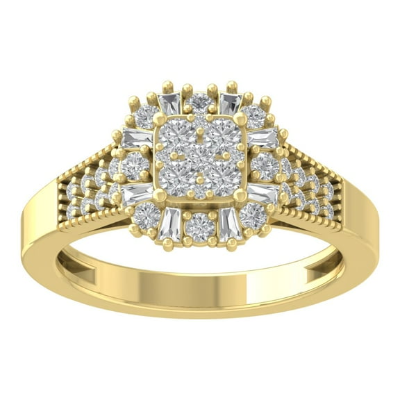 ARAIYA FINE JEWELRY 10K Yellow Gold Round and Baguette Lab Grown Diamond Halo Cluster Ring (3/4 cttw, D-F Color, VS Clarity), Size 7