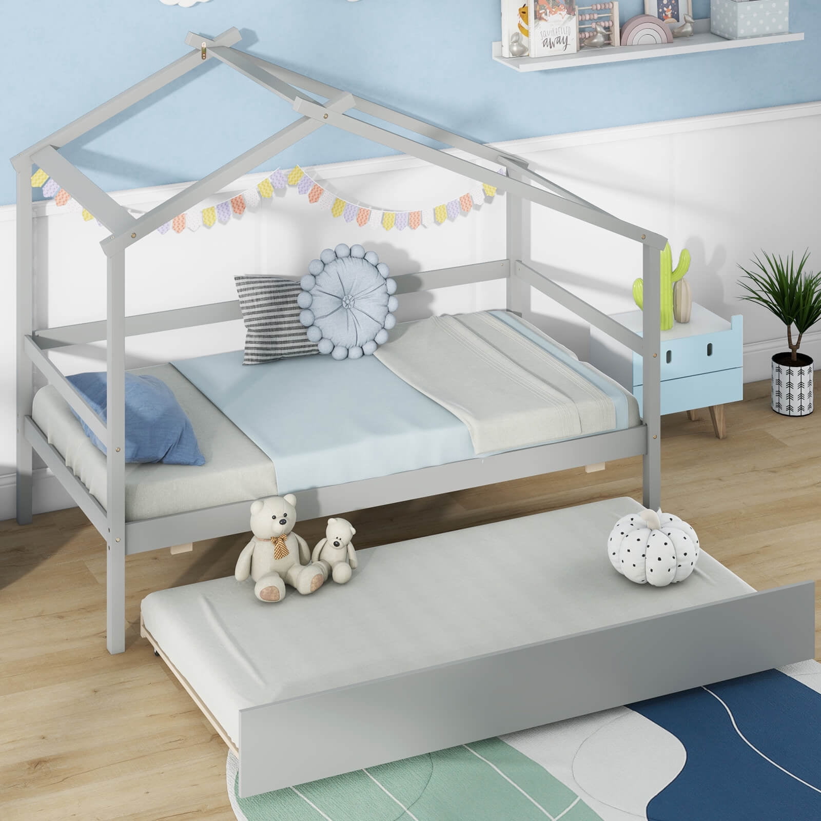 Infans Twin House Bed with Trundle with Roof and Fence Rails Wooden Platform Bed Frame