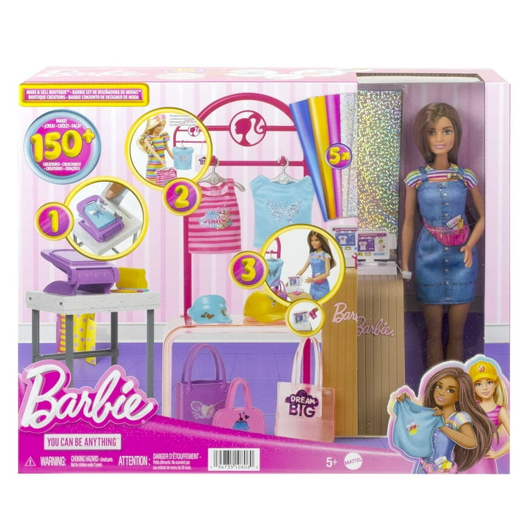Barbie Make Sell Boutique Playset with Brunette Doll Foil Design Tools Clothes Accessories Walmart