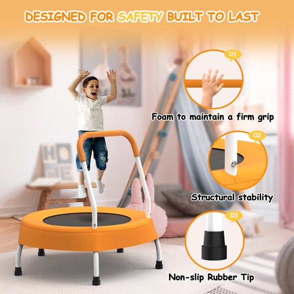 28inch Toddler Trampoline for Kids 1 Year Plus with Handle, Orange Steel Frame Indoor Outdoor Baby Gifts for Boys Girls