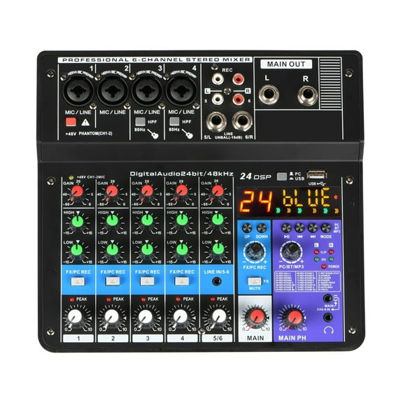 6 Channels Sound Mixing Console Mobile USB Record Computer Playback 48V Phantom Power Input Mixer A6