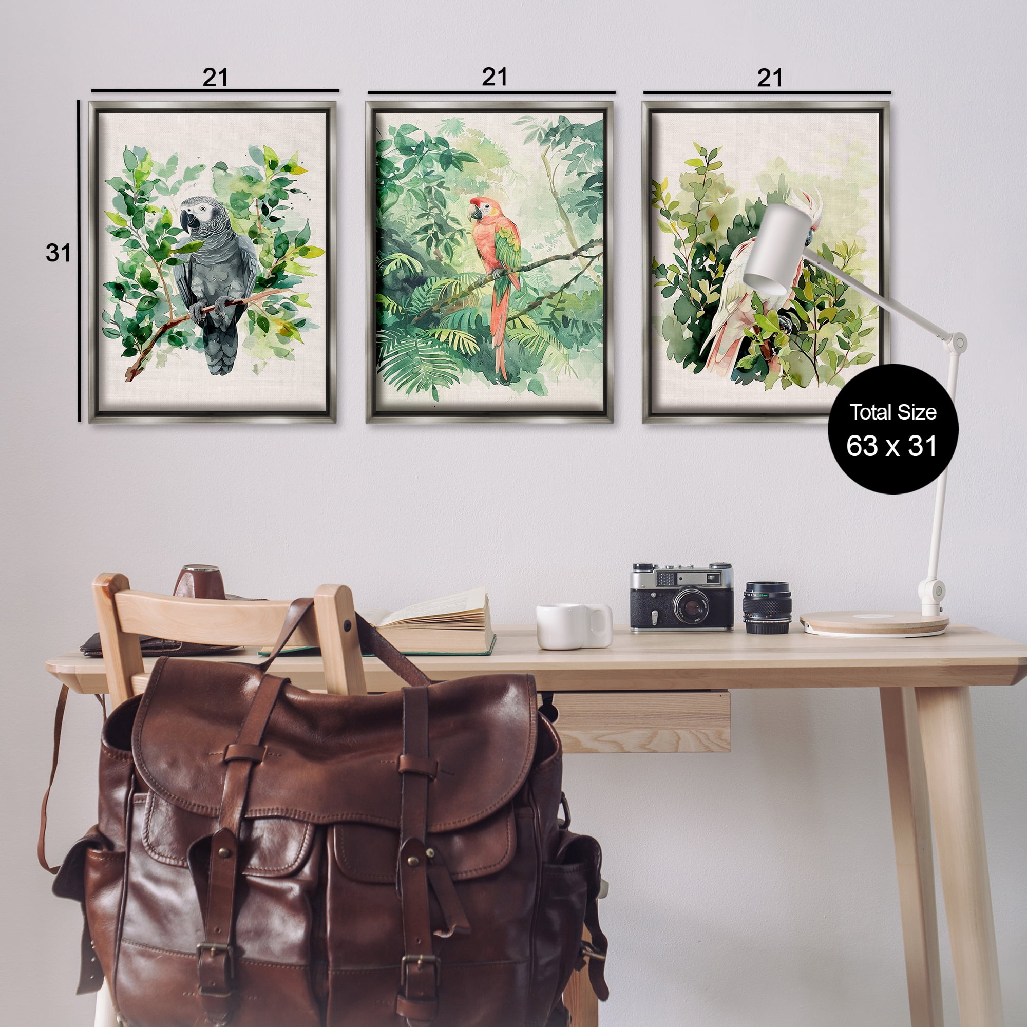 Stupell Industries Tropical Parrots in Jungle Animals Painting Gray Floater Framed Canvas Art Print Wall Art, 21 x 31, Set of 3