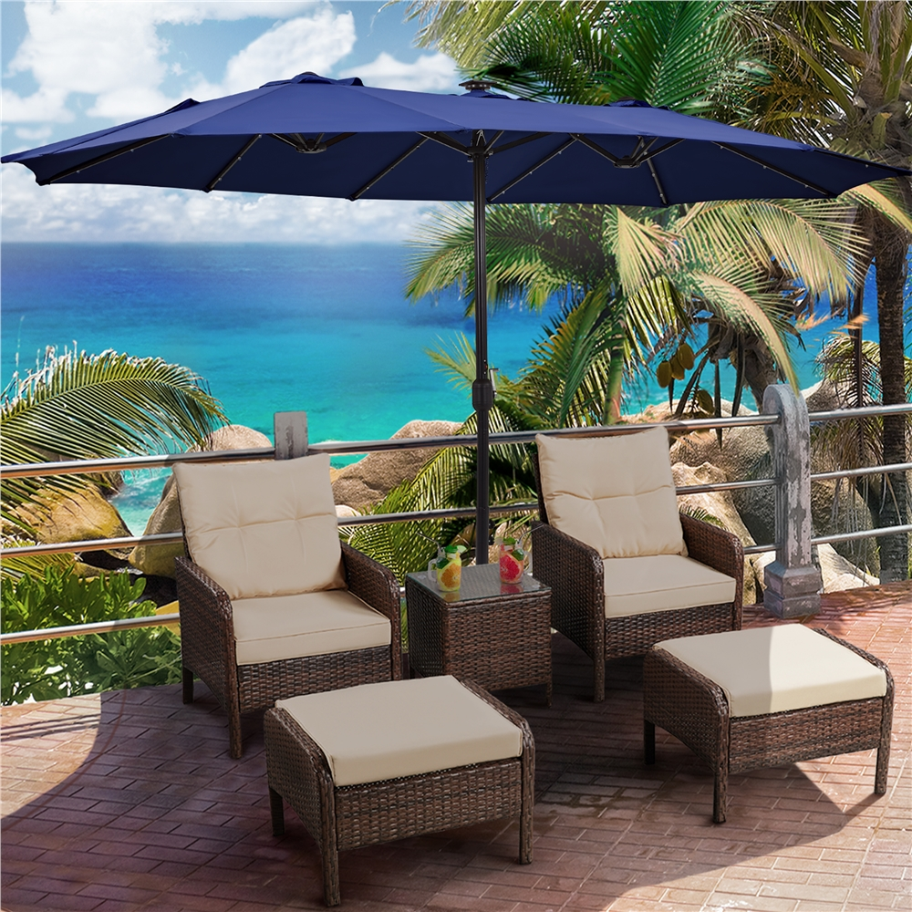 Renwick 13ft Large Patio Umbrella with Solar Lights & Base, Navy Blue