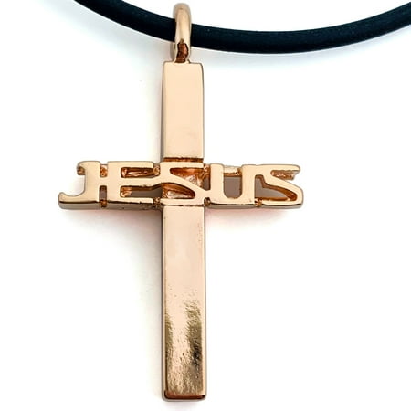Cross Of Jesus Rose Gold Color Metal Finish Necklace (tsjrosg) On Soft Black Rubber Cord
