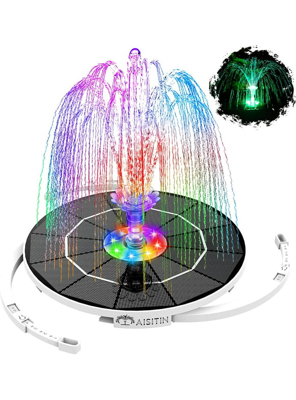 AISITIN 3.5 W LED Solar Fountain Pump with Lights for birdbath/Pool with 16 DIY nozzles, Solar Fountain with 3000 mAh Battery and 8 Colored LED Lights, Retractable Stand for Outdoor, Garden, Pool