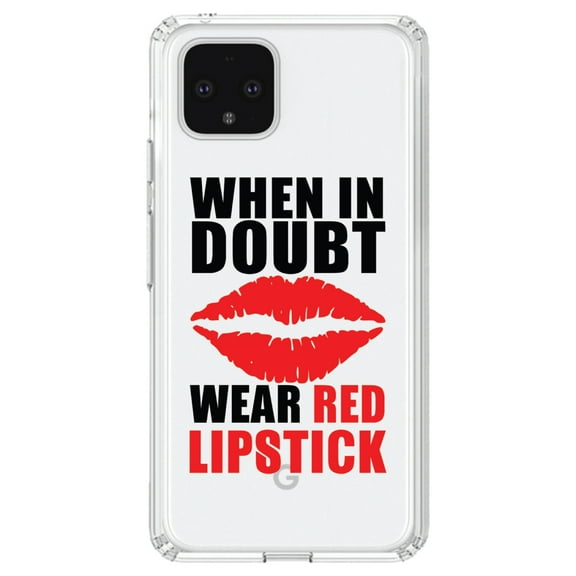 DistinctInk Clear Shockproof Hybrid Case for Google Pixel 4 XL (6.3" Screen) - TPU Bumper Acrylic Back Tempered Glass Screen Protector - When in Doubt Where Red Lipstick