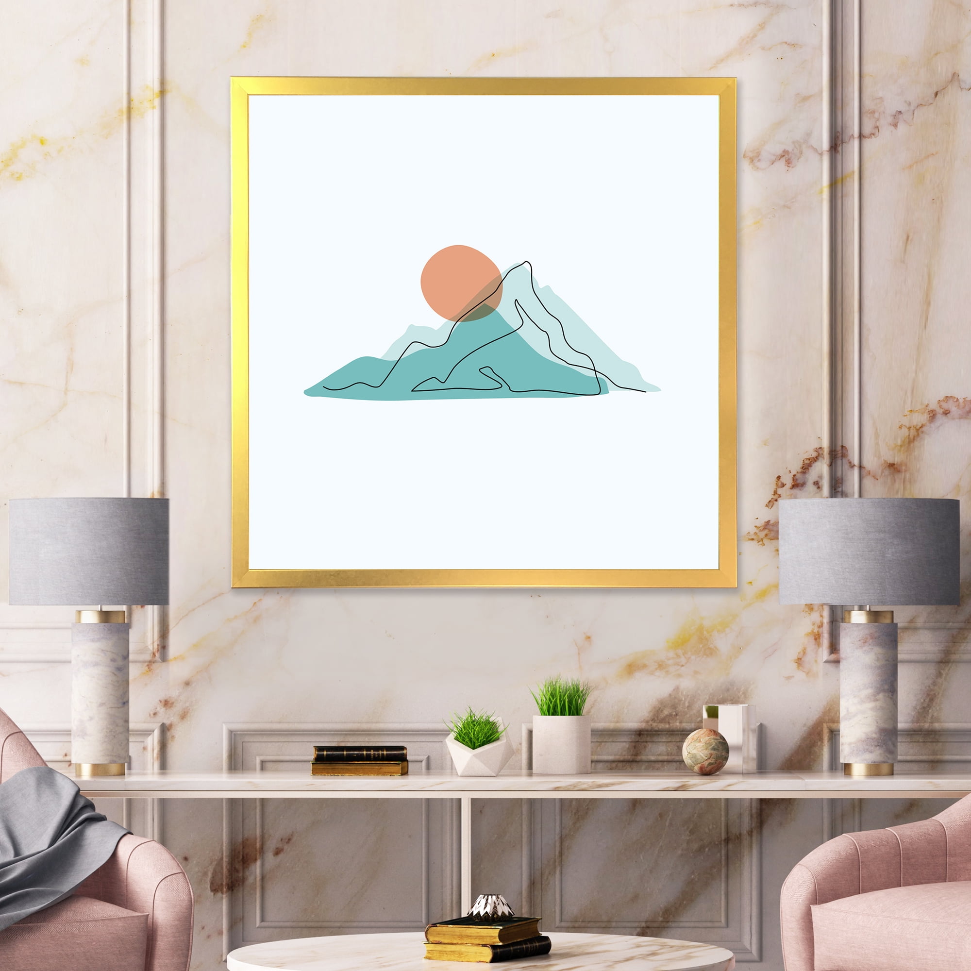 Designart 'Abstract Blue Mountains With Red Moon II' Modern Framed Art Print
