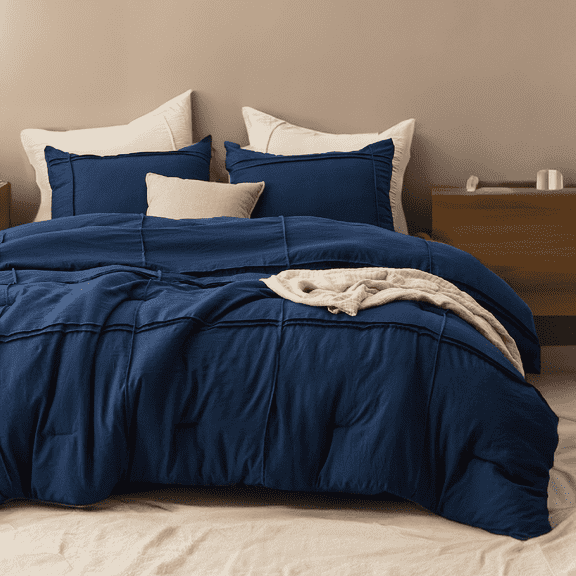 U by Bedsure Queen Comforter Set with Sheet - 4 Pieces Soft Navy Blue Bedding Sets, Grid Pinch Pleat, All Season Lightweight Fluffy Bed Set with Solid Boho Comforter, Pillowcases & Sheet