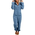 thumbnail image 2 of BLTIBY Sherpa Jumpsuit for Women Hoodies Fuzzy Pajamas Long Sleeve Adult Onesie Pajamas Winter Rompers Sleepwear with Pockets Blue 3XL, 2 of 5