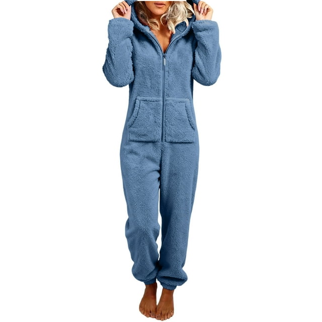 RXMEKW Combinaison à Capuche en Polaire Pyjama pour Femmes Manches Longues Tenue de Maison Fermeture Éclair devant Vert Armée Uni