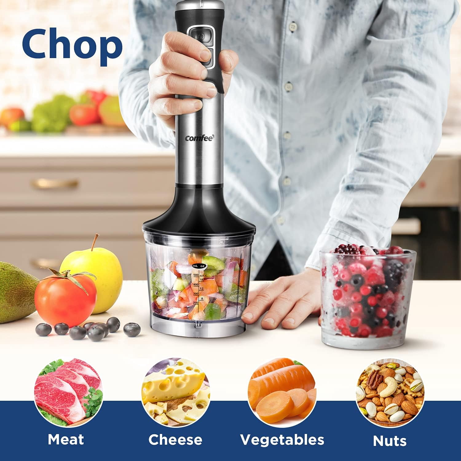 Immersion Hand Blender, Brushed Stainless Steel, Multipurpose Stick Blender with 500 , 600ml Beaker, 500ml Chopper and Whisk, Perfect for Baby Food, Smoothies, Sauces and Soups, Black