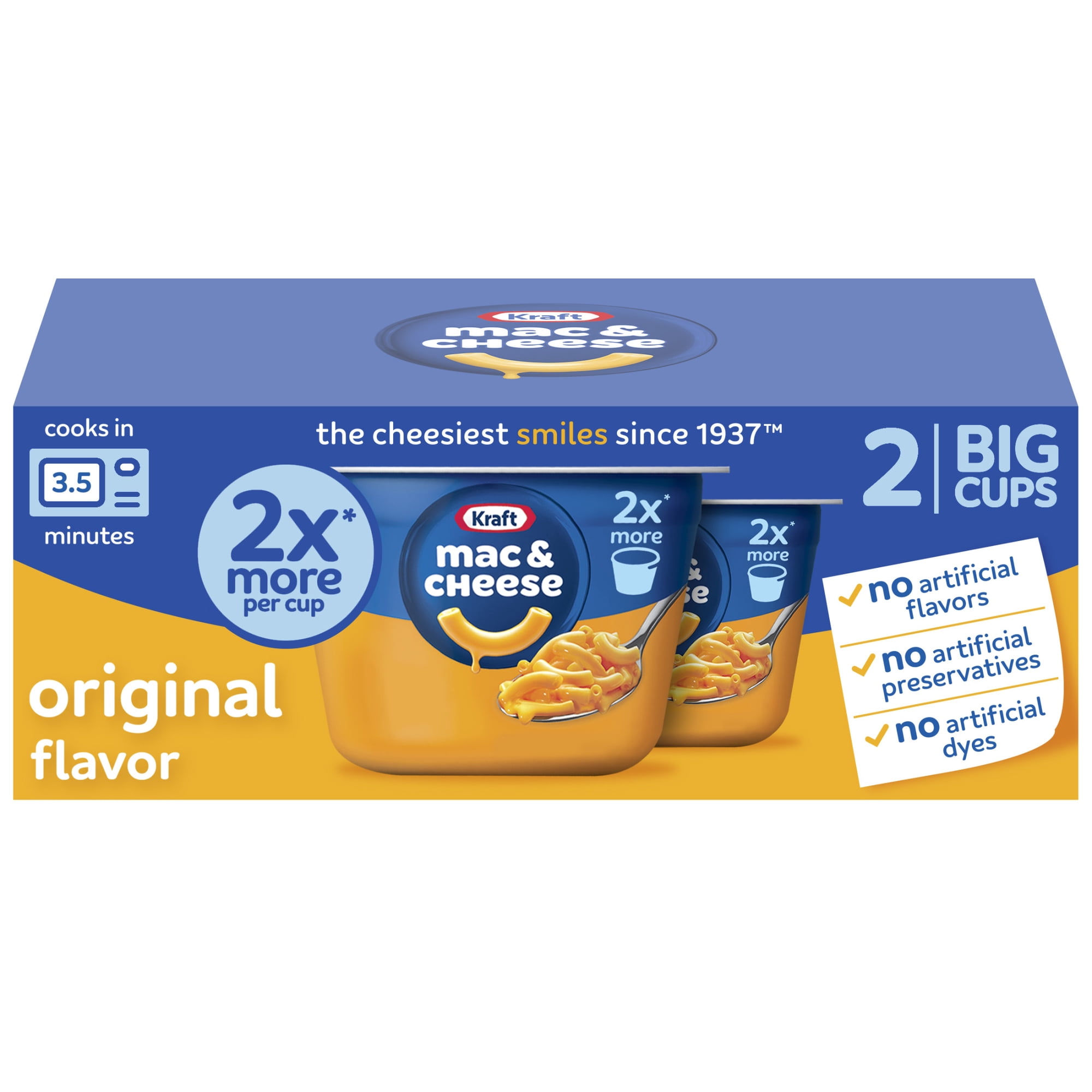 Kraft Mac and Cheese, 2 Big Cups, for Easy Dinner or Dinner Sides, Original Flavor, No Artificial Flavors, Preservatives or Dyes, 4.1 oz