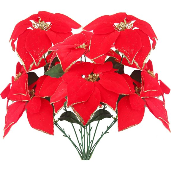 2 Pcs Poinsettias Artificial Christmas Flowers Red Poinsettia Bushes for Christmas Decor 7 Heads Fake Silk Poinsettia Flowers Velvet Bouquet for Home Xmas Tree Table Centerpiece Holiday