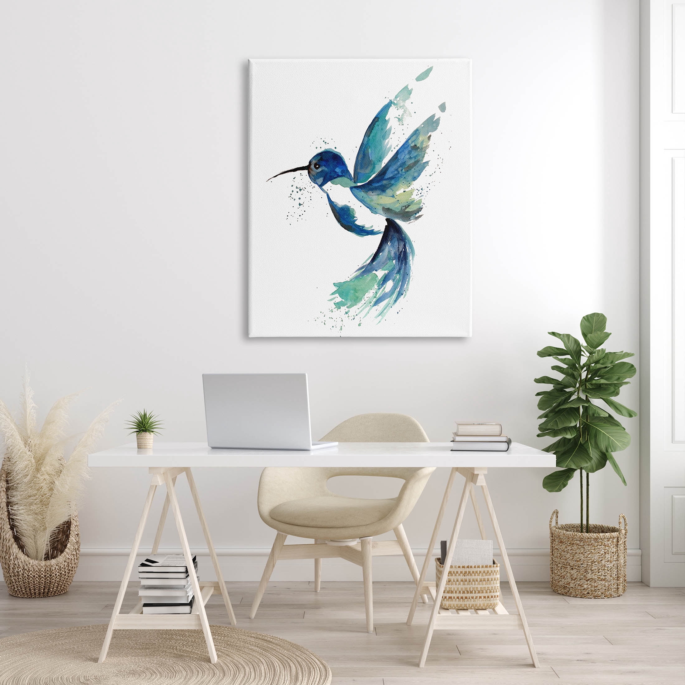 Modern Blue Hummingbird Flying Animals & Insects Graphic Art Gallery Wrapped Canvas Print Wall Art