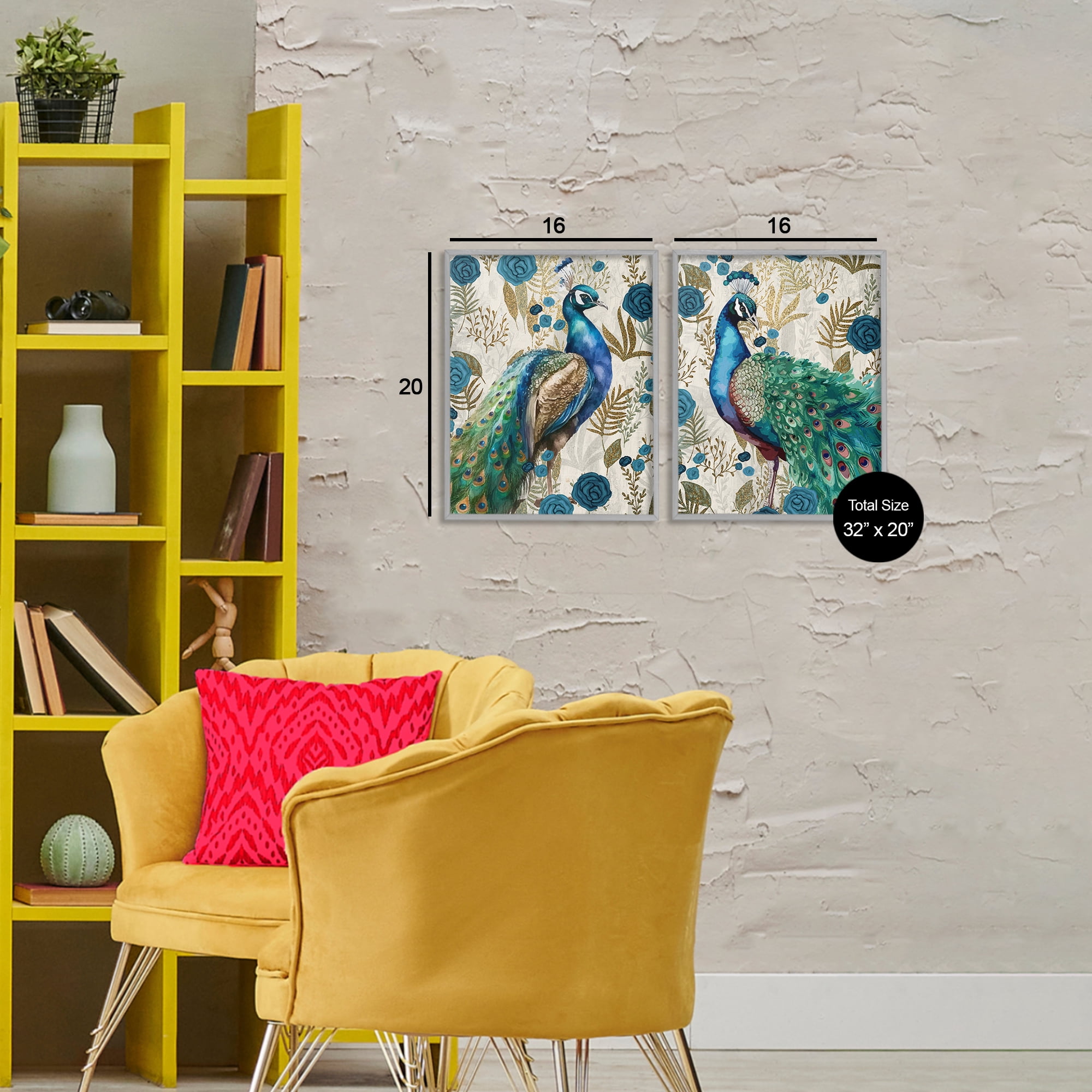 Stupell Industries Floral Peacock Pride 2 Piece Gray Framed Giclee Art Set, design by Kim Allen