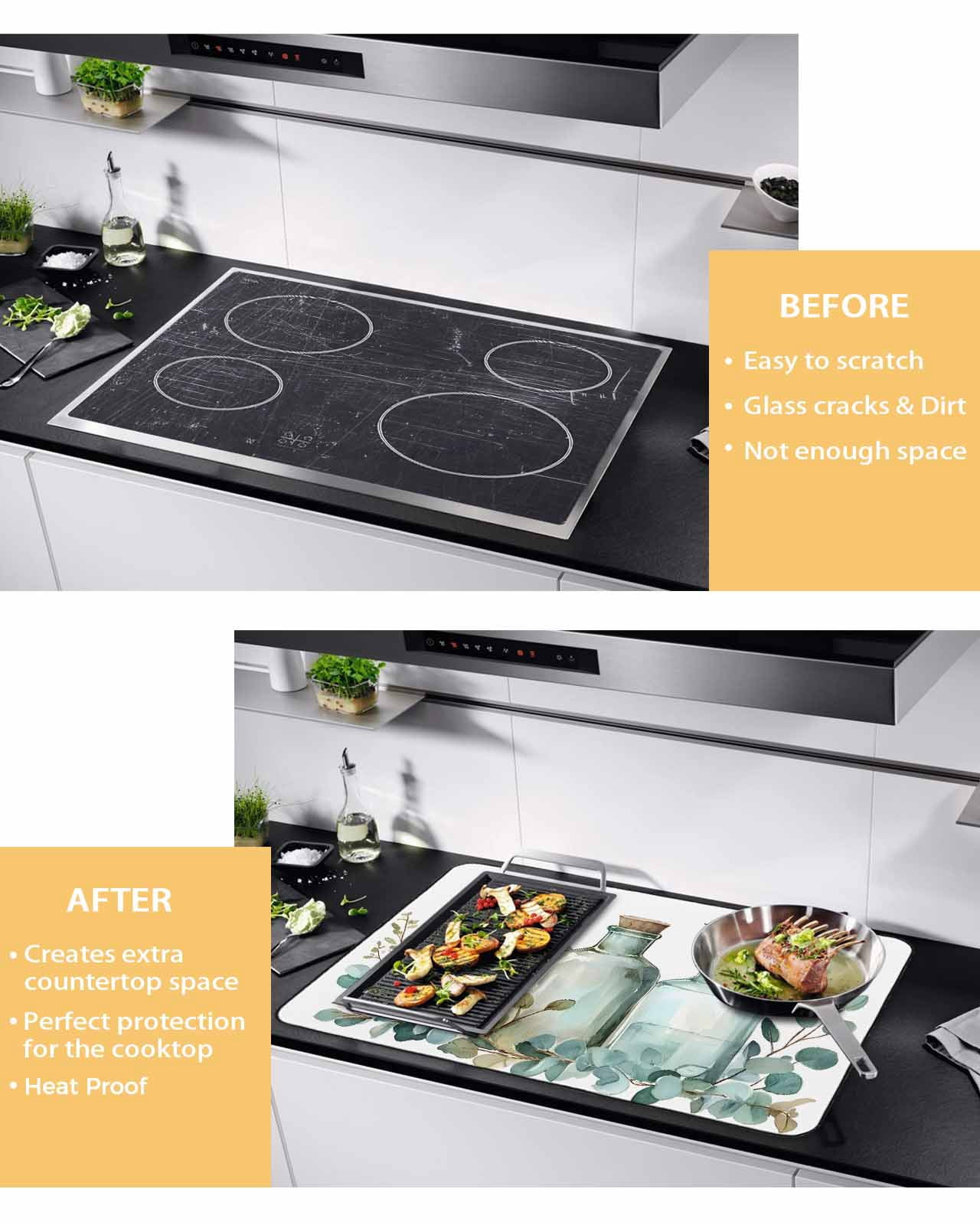 nqOlkjepod Large Induction Cooktop Protector Mat 24"x21", Green Eucalyptus Leaves Stove Top Covers for Electric Stove, Spring Botanical Vase Birds Stove Burner Cover Mats, Glass Top Stove Cover