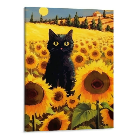 JRXY Funny Framed Wall Art Black Cat Canvas Wall Art Cats Prints Vintage Sunflower Cat Wall Painting Set of Bathroom Bedroom Kitchen Decor 16x20 Inch 16x20in