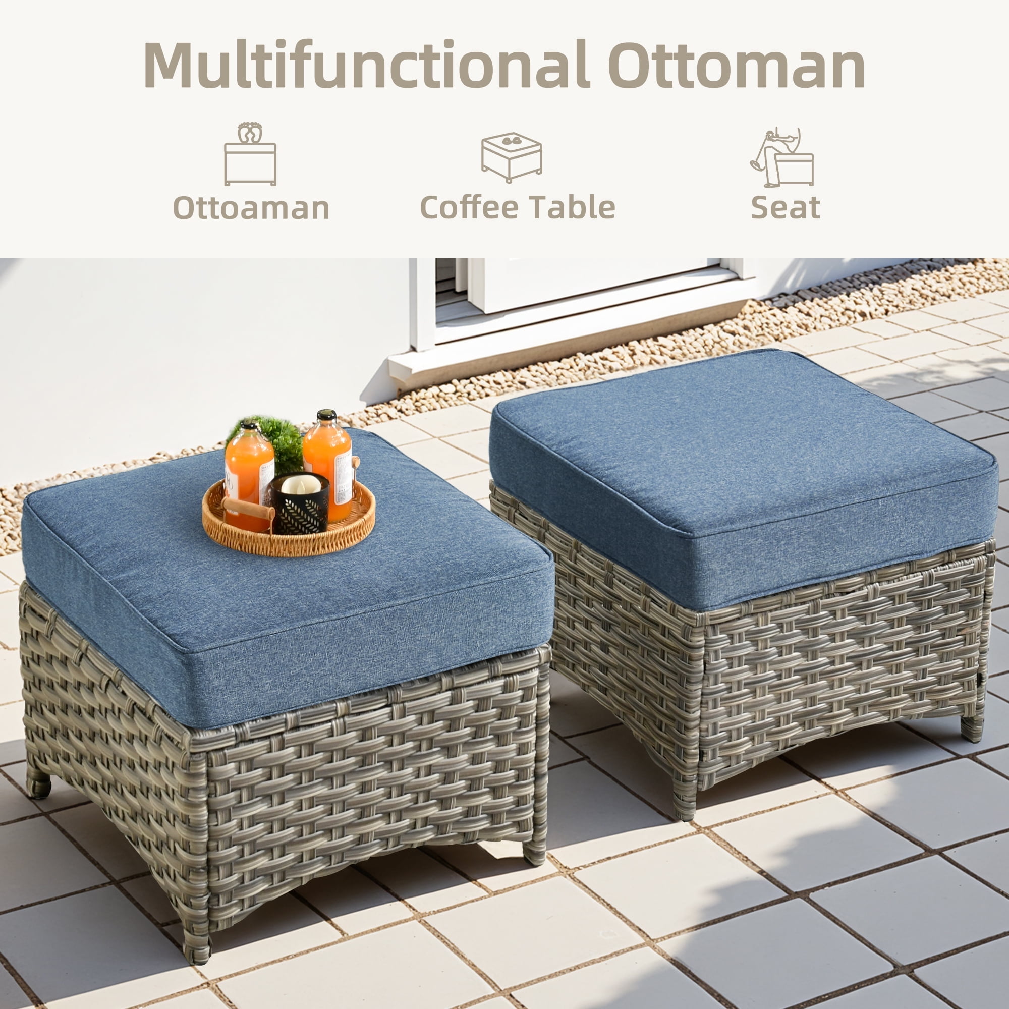 Ovios 8-Piece Outdoor Patio Furniture Set with Solar-Powered Lighted Coffee Table All-Weather Wicker Conversation Seating with Ottomans, Denim Blue