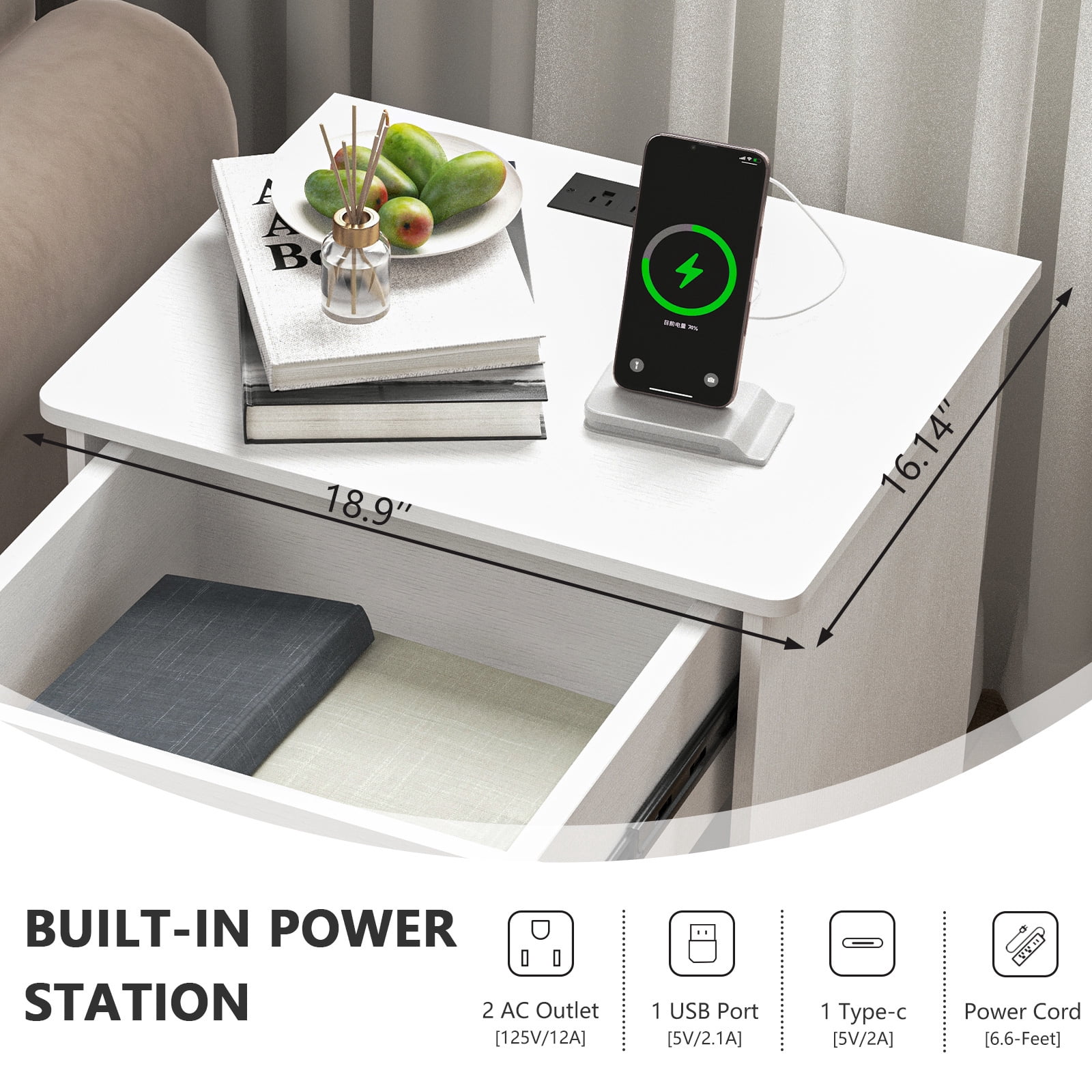Hommoo Nightstand with Drawer and Open Storage, End Table Bedside Table with Charging Station, for Bedroom, Living Room, White