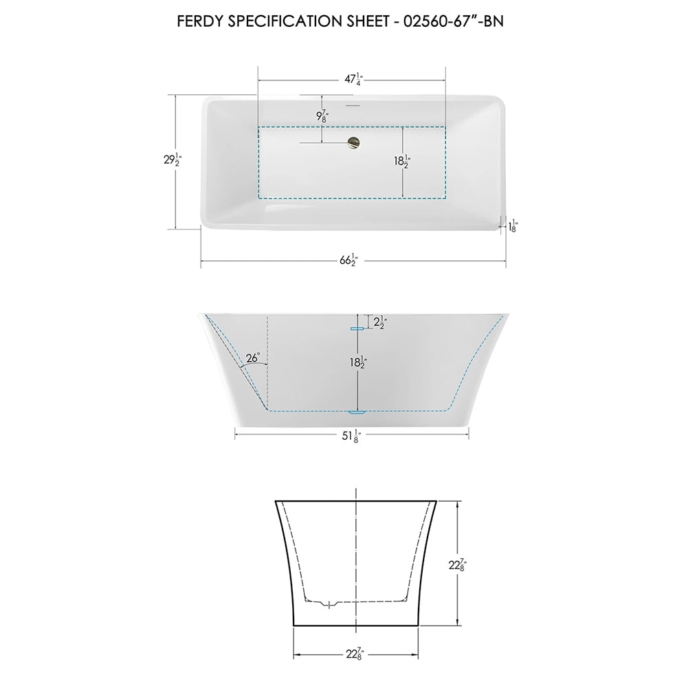 Kepooman 66" Acrylic Alcove Bathtub with Brushed Nickel Drain and Overflow Hole, White Kepooman 66" Acrylic Alcove Bathtub with Brushed Nickel Drain and Overflow Hole, White