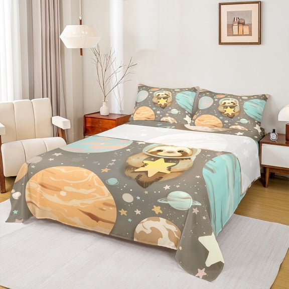 Castle Fairy Cute Animal Sloth Twin Sheet Sets 3pcs for Preppy Child,Galaxy Planet Twin Fitted Sheet Microfiber,Starry Sky Breathable Flat Sheet,Gradient Home Decor