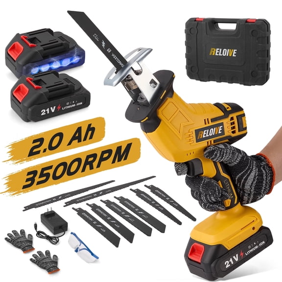 RELOIVE Cordless Reciprocating Saw with 2 x 2.0Ah Battery, 3500RPM, Tool-Free Blade Change, LED Light, 8 Blades & Safety Goggles,Ideal for Wood, Metal, PVC & Pruning