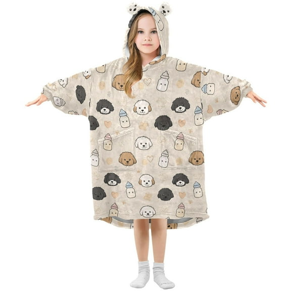 Wearable Blanket Hoodie for Kids Cute Puppy with Milk Bottle Flannel Hooded Blanket with Pockets and Sleeves Suitable for Boys and Girls