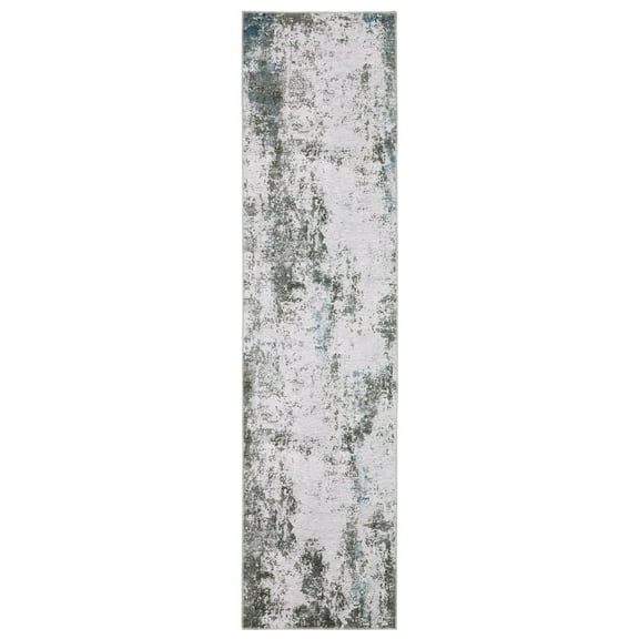Oriental Weavers Malibu Washable Area Rug - MAL02 - 2' x 8' - in Gray/ Blue - Modern Style, Non-Slip, Stain Resitant, Ultra Low Pile, Entryway, Hallway Runner Rug