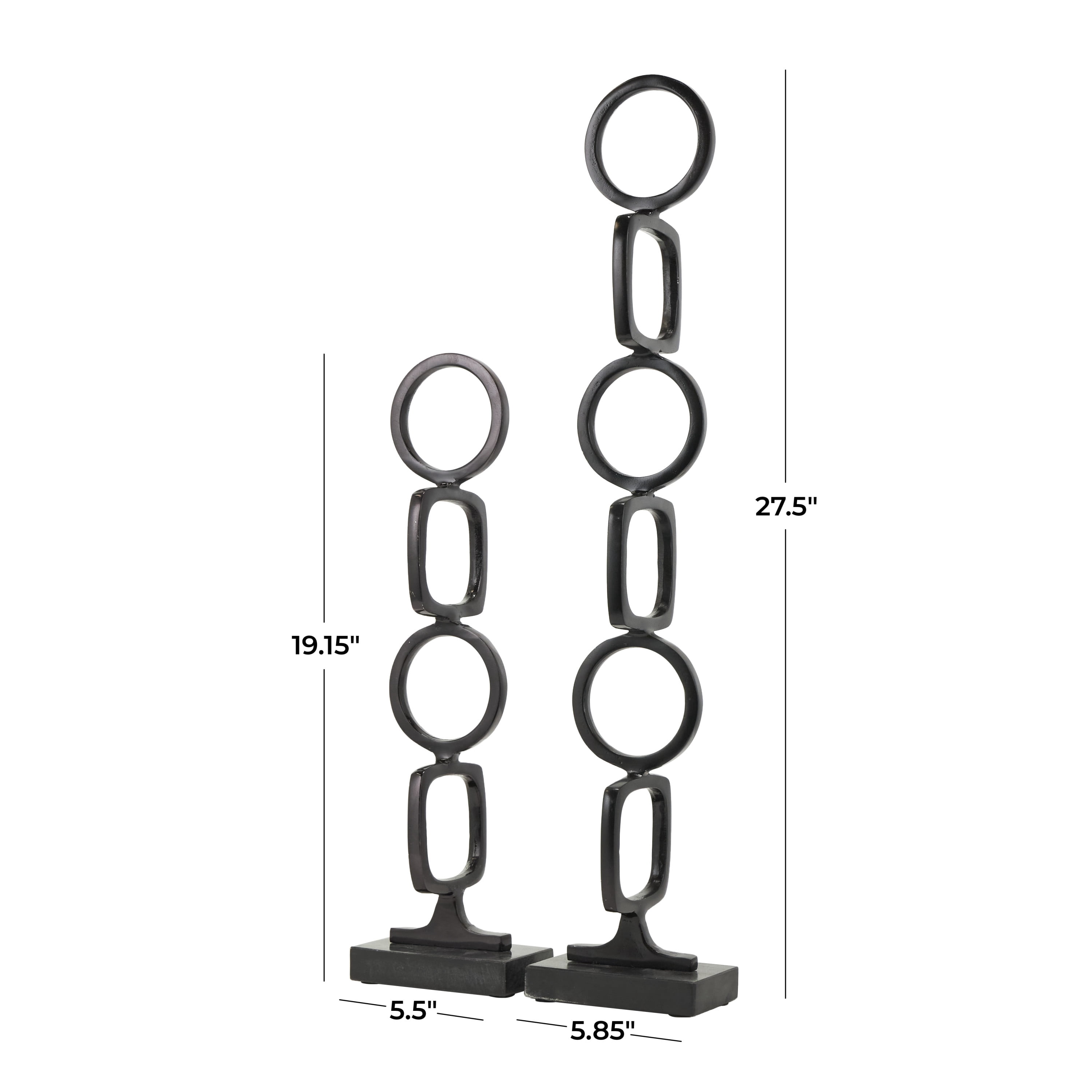 28", 19"H Black Aluminum Stacked Geometric Rings Abstract Sculpture with Marble Bases, by DecMode (2 Count)