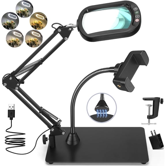 Magnifying Glass with Light and Stand, Real Glass LED Lighted Magnifier and Phone Holder, 5 Color Modes Stepless Dimmable, Hands-Free Desk Lamp for Craft Hobby Close Work Phone Holder