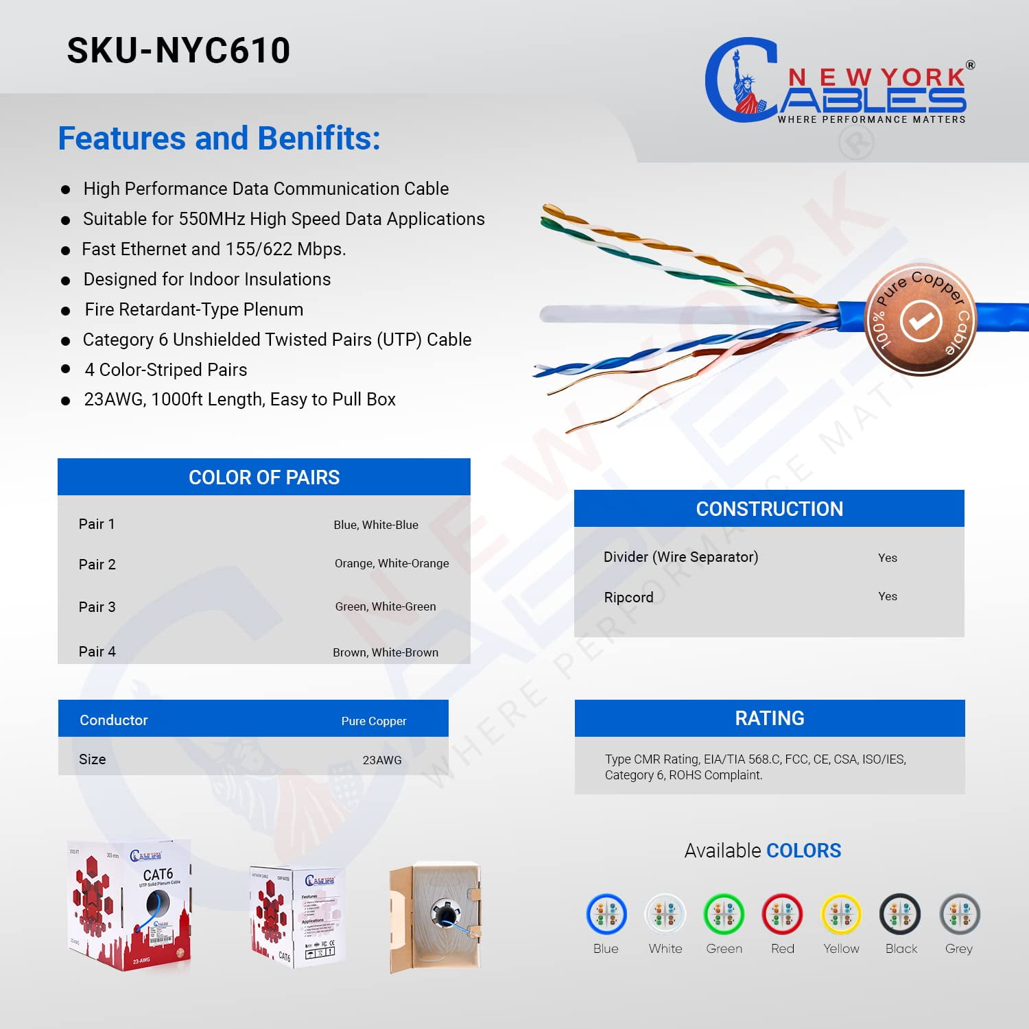 NewYork Cables | Cat6 Plenum Ethernet Cable Pure Copper 1000ft UTP 4Pairs 550MHz 23AWG 10 GB Grey