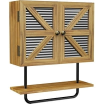 Xinhao Small Bathroom Wall Cabinet, 17x21'' Farmhouse Medicine Cabinet Wall Mount, 3 Tier Wood Barndoor Storage Cabinet with Adjustable Shelf and Towel Bar for Bathroom, Kitchen, Laundry Room, Brown