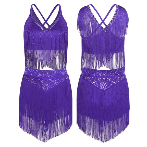 renvena Women 2 Piece Set Lyrical Dance Costumes Sleeveless Crop Top   Tassels Skirt Salsa Latin Dance Dress Purple XL