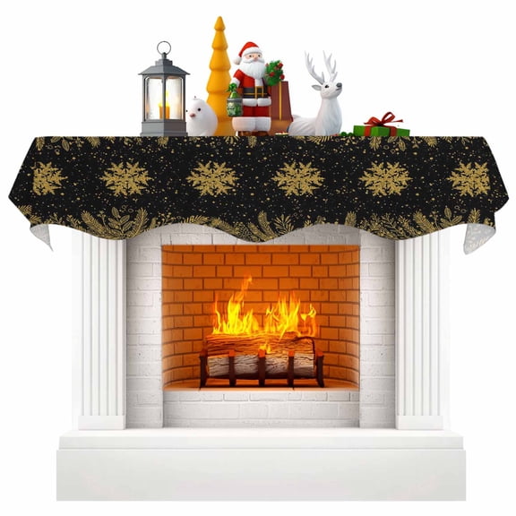 Christmas Snowflakes Fireplace Mantle Scarf, Winter Xmas Pine Leaf Yellow Black Mantel Cover Table Runner for Home Living Room Door Window, Indoor Outdoor Holiday Party Decor 17" x 90"