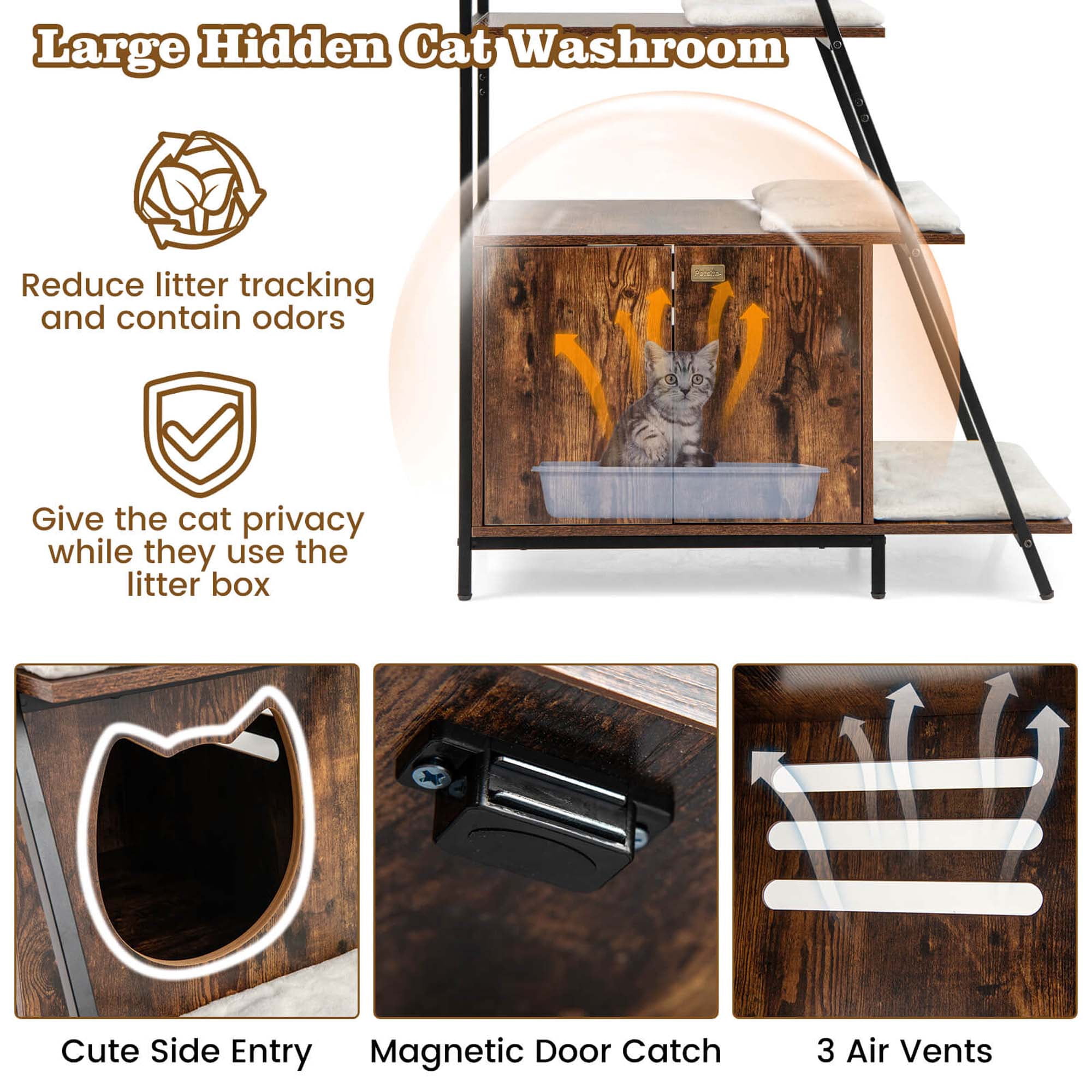 Costway Large Cat Litter Box Enclosure 2-in-1 Hidden Cat Washroom Furniture with Storage Brown