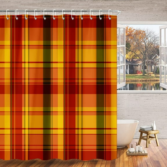Fall Buffalo Check Plaid Shower Curtain Autumn Orange Checkered Farmhouse Bathroom Decor 72 x 72 Inches