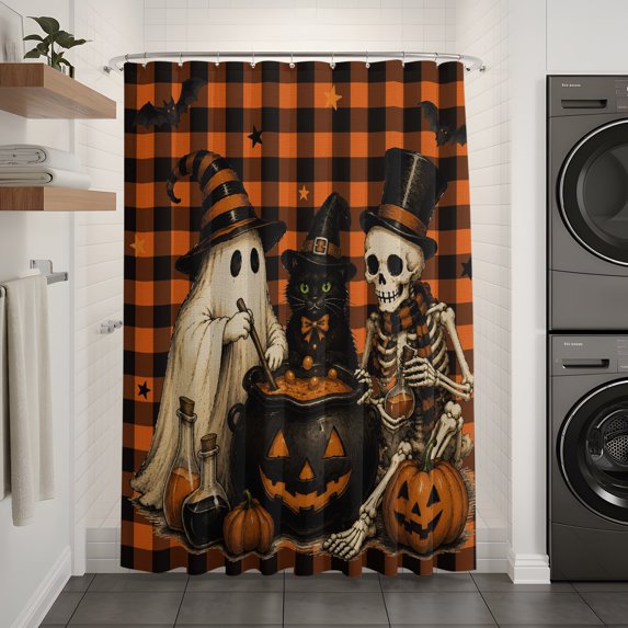 Orange Checkered Halloween Shower Curtain - Water Repellent Fabric Shower Curtains Washable, Funny Ghost Black Cat Skull Decorative Polyester Cloth Bathroom Curtains Modern Bath Decor 72"x84"