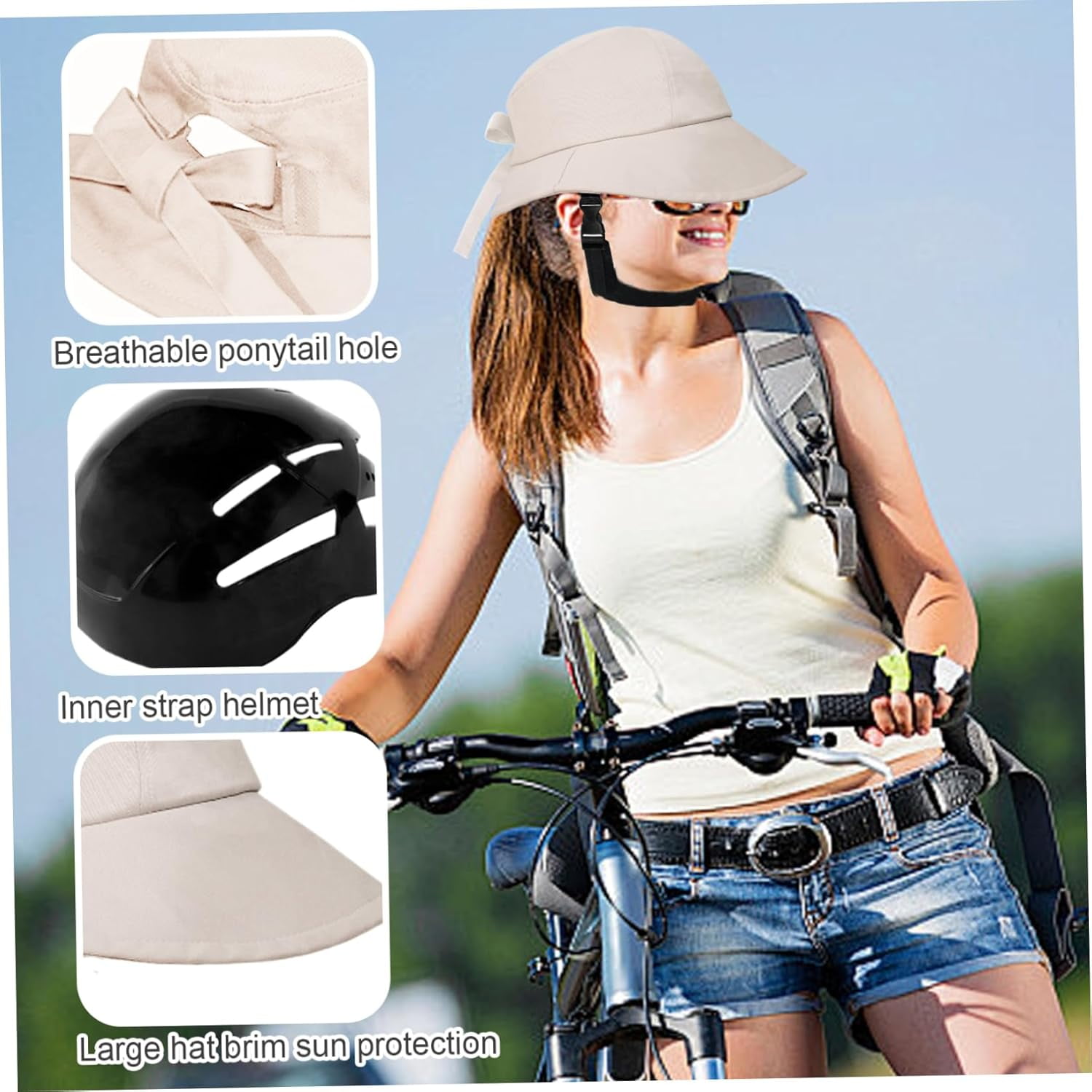 Bicycle Helmet with Wide Brim UV Sun Hat Adjustable Strap for Women Unisex Cycling Riding Safety