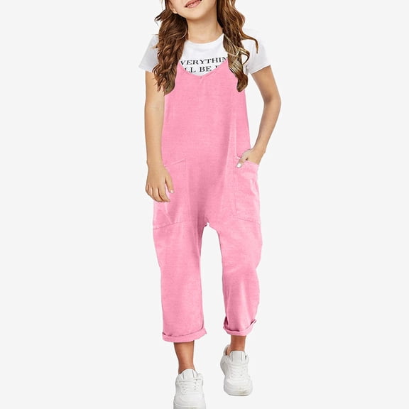 Ticikt Girls' Solid Color Sleeveless Jumpsuit, Casual Loose Fit Overalls with Pockets for Kids,Pink