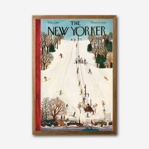 Vintage New Yorker Cover Canvas Wall Art, February 1951 Ski Resort Illustration, Mid Century Winter Decor, Retro Magazine Print, Framed Canvas Wall Art