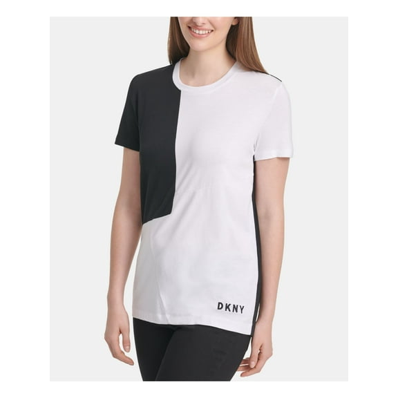 DKNY Womens White Color Block Short Sleeve Crew Neck T-Shirt Size: S