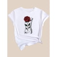 thumbnail image 2 of Camiseta elegante con estampado artístico de rosas para mujer: estilo casual, cuello redondo, manga corta, algodón transpirable, ideal para primavera, verano y otoño. Ideal para deportes de ocio., 2 of 7