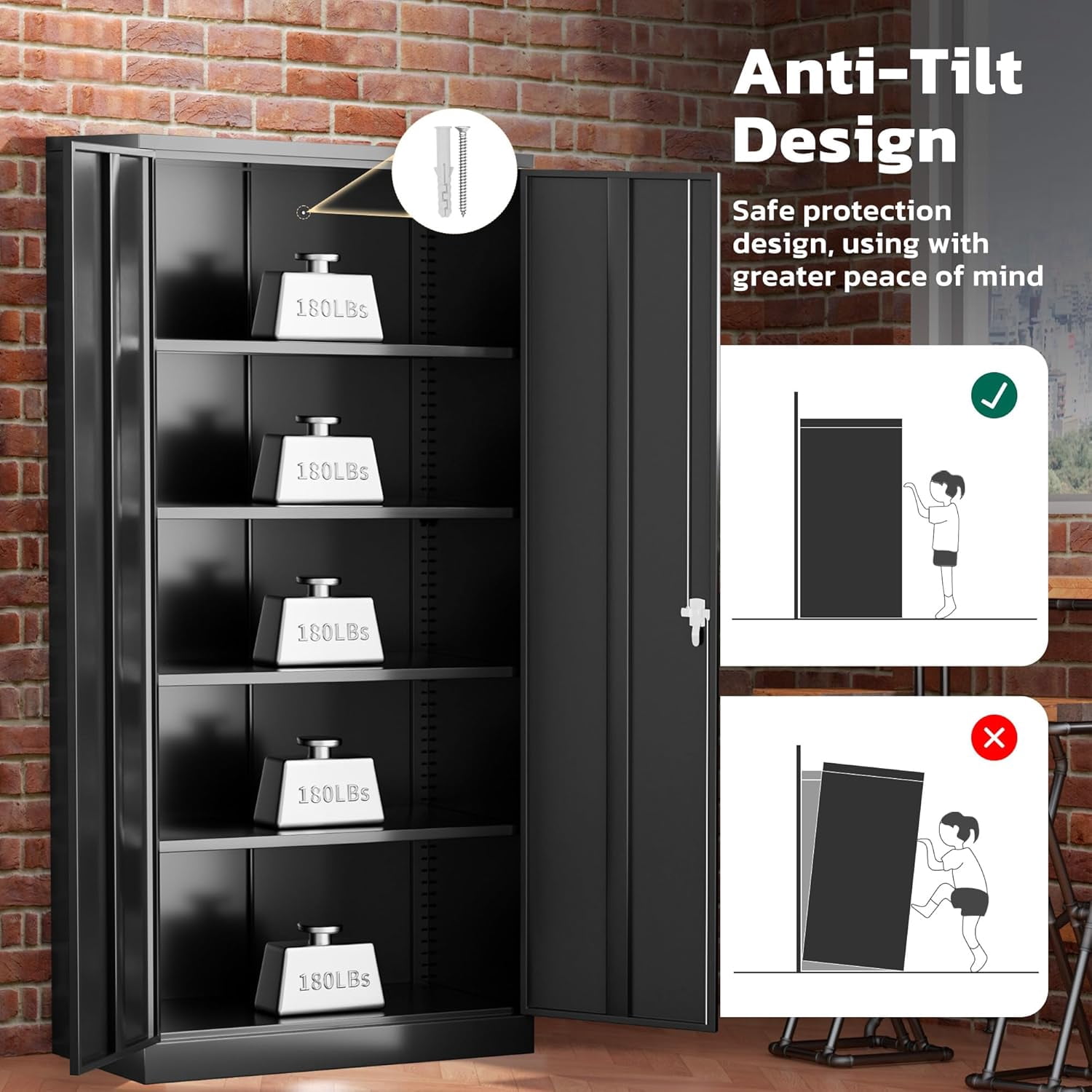 SOLAURA 72 inches Tall Metal Garage Storage Cabinets, Lockable Steel Storage Cabinet with Doors and Adjustable Shelves for Office, Home, Shops, Garage, Assembly Required, Black